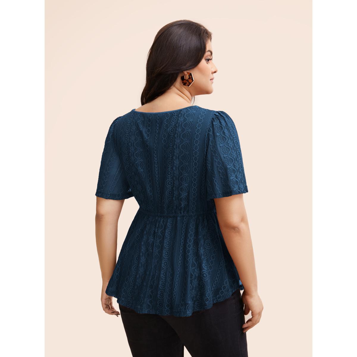 Plus Size DarkGreen V Neck Lace Panel Drawstring Blouse Women Romantic Short sleeve V-neck Elegant Blouses BloomChic 26/4X Product Image