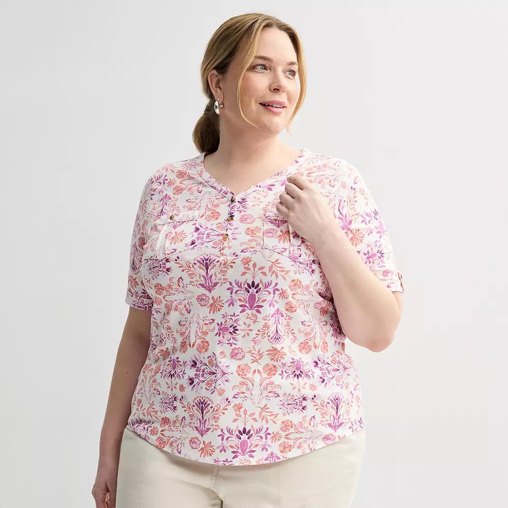 Plus Croft & Barrow® Elbow Sleeve Utility Henley Top, Women's,  Product Image