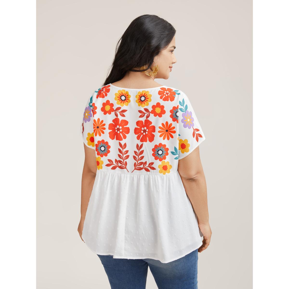Plus Size WhiteSmoke Floral Print Neck-Tie Babydoll Top Women Resort Short sleeve Non Vacation Blouses BloomChic 28/5X Product Image