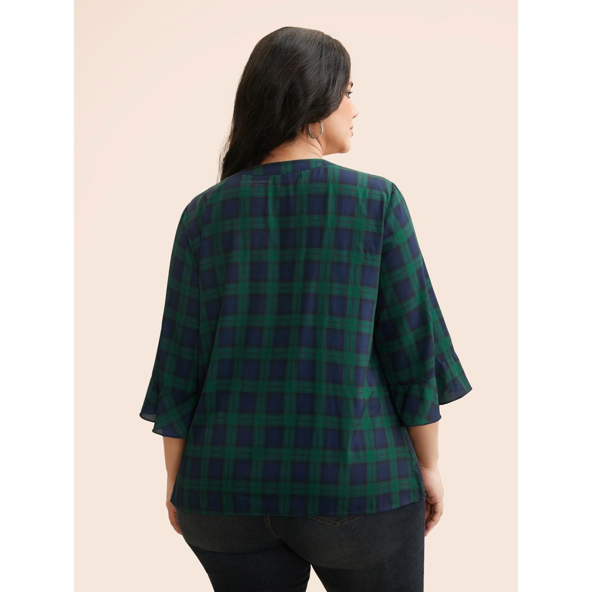 Plus Size Indigo Notched Plaid Ruffles Pleated Blouse Women Casual Elbow-length sleeve Flat collar with V-notch Everyday Blouses BloomChic 12/L Product Image