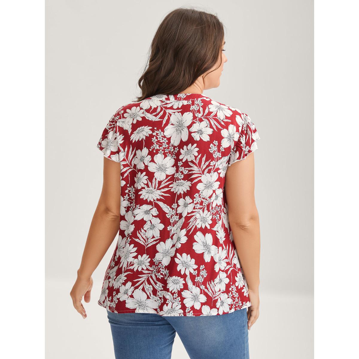 Plus Size Scarlet Silhouette Floral Toothpick Pleat Blouse Women Timeless Cap Sleeve Flat collar with V-notch Elegant Blouses BloomChic 30/6X Product Image