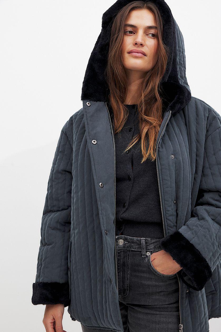 Padded Faux Fur Hood Detail Jacket Product Image