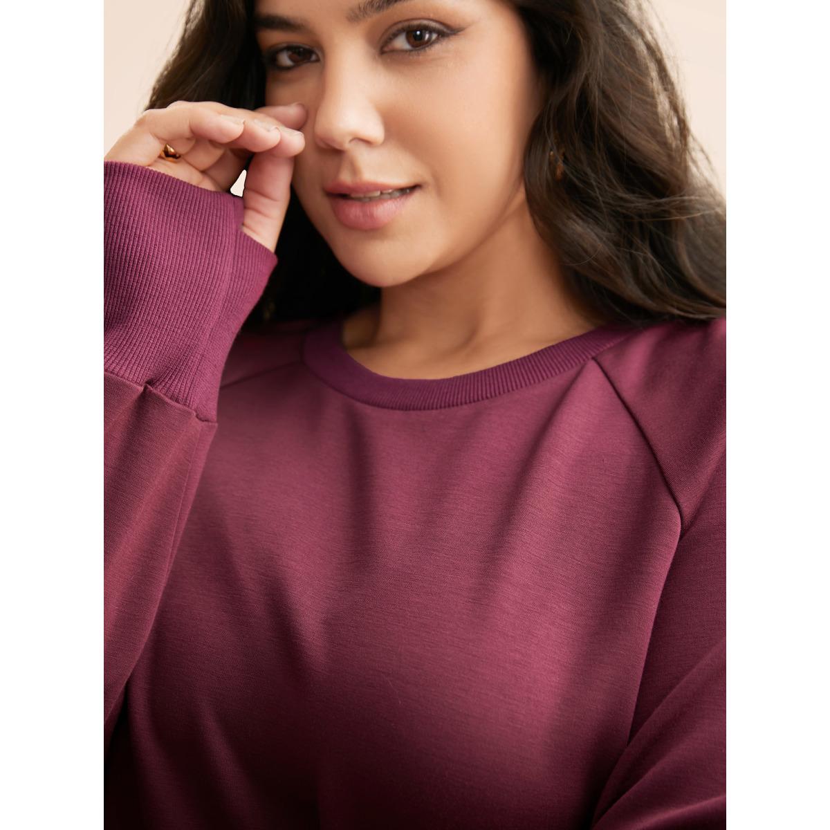 Plus Size Solid Raglan Sleeve Slit Hem Sweatshirt Women Plum Casual Slit Loose Non Everyday Sweatshirts BloomChic 22-24/3X Product Image