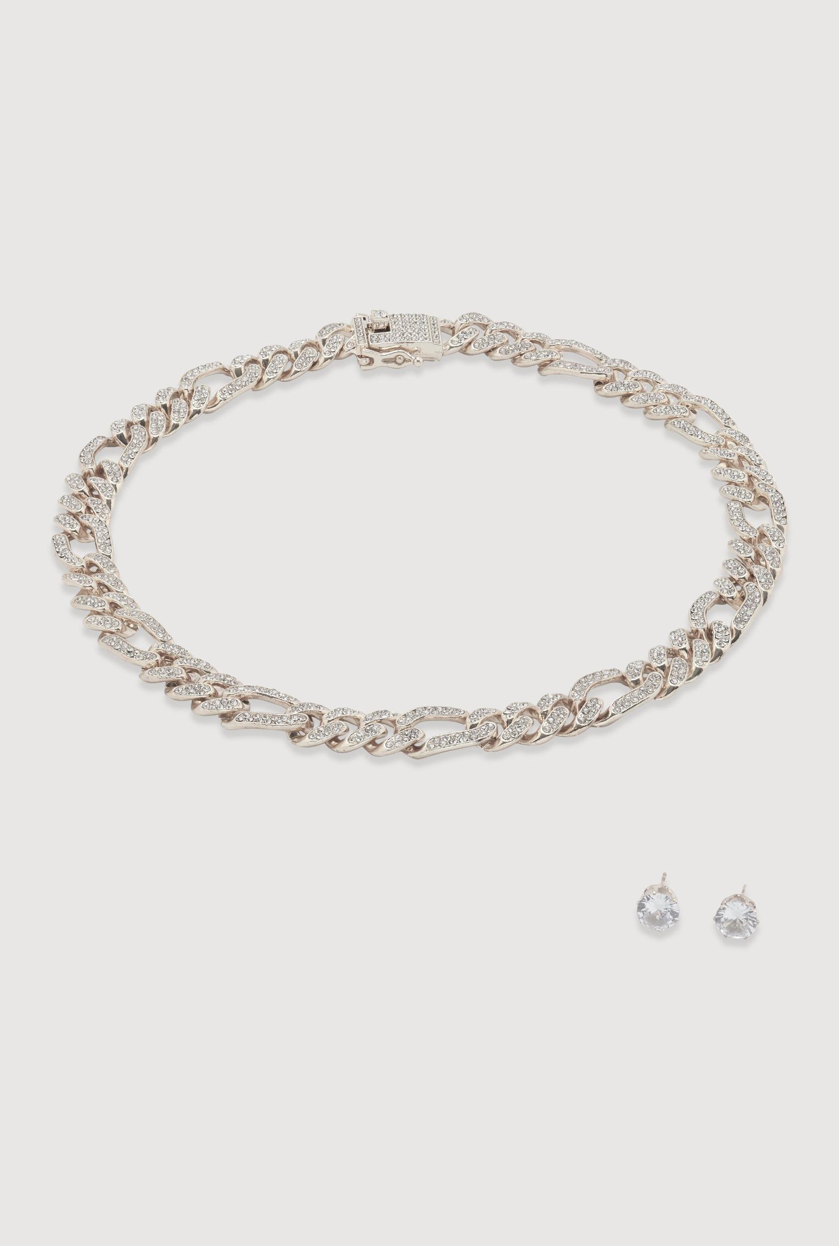 Metallic Hoop Earrings and Choker Necklace with Cuff Bracelet 3 Piece Set Unisex Product Image