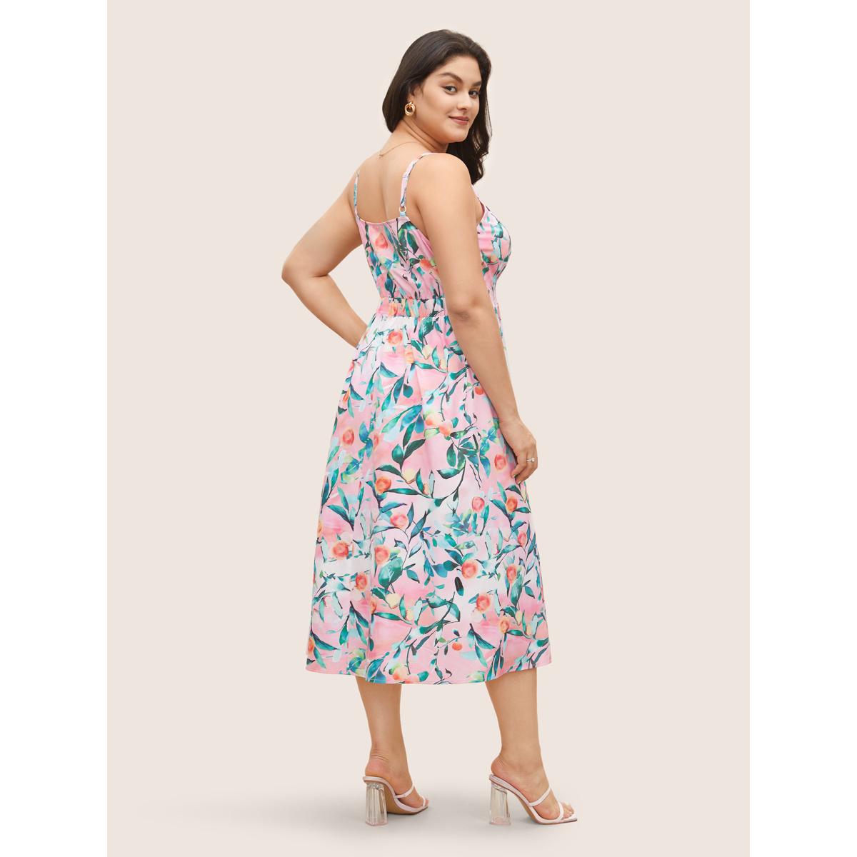 Plus Size Citrus Fruit Print Frill Trim Pocket Cami Dress Pink Women Elegant Non V-neck Sleeveless Curvy Midi Dress BloomChic 26/4X Product Image