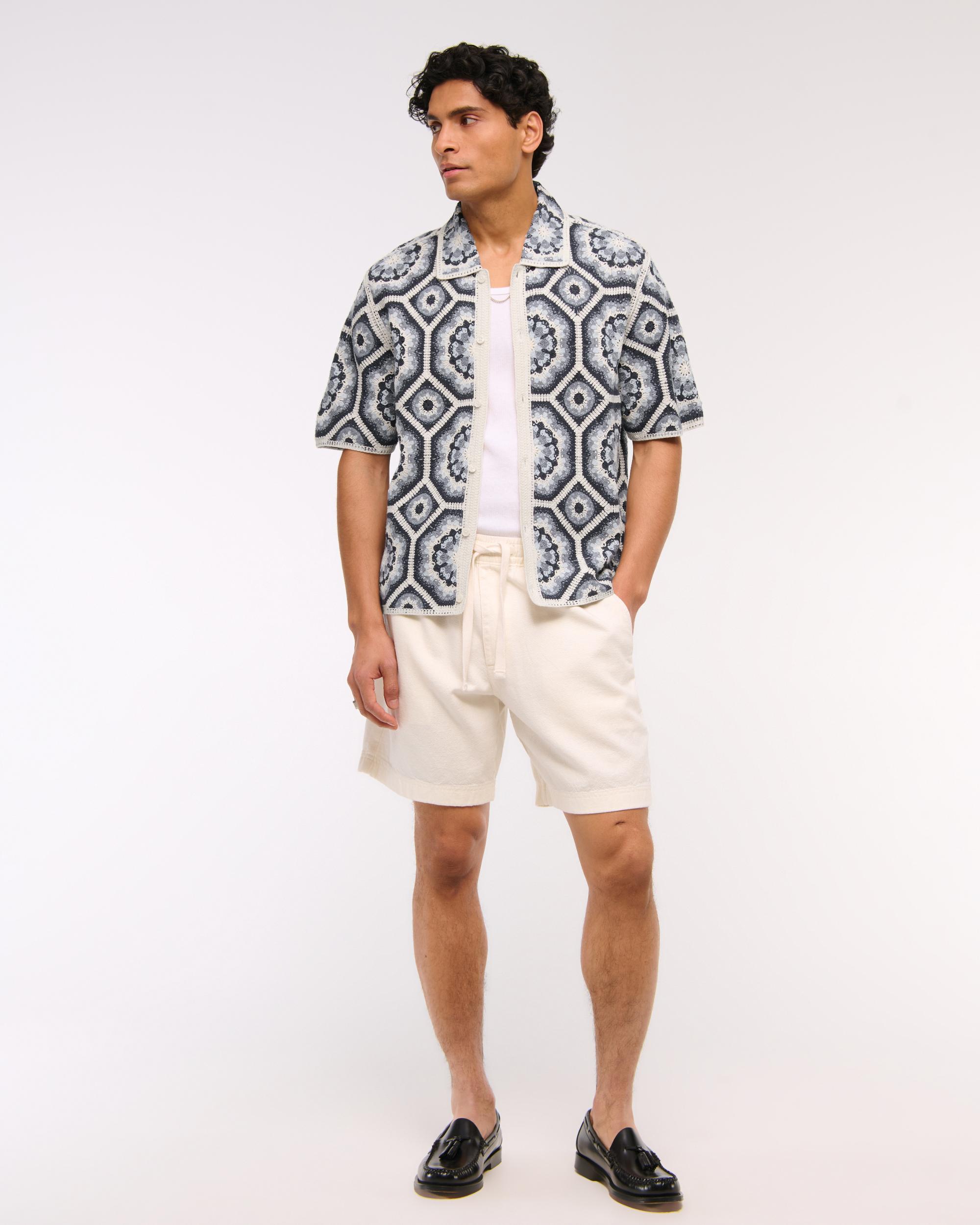 Crochet-Style Border Stripe Button-Through Sweater Polo Product Image