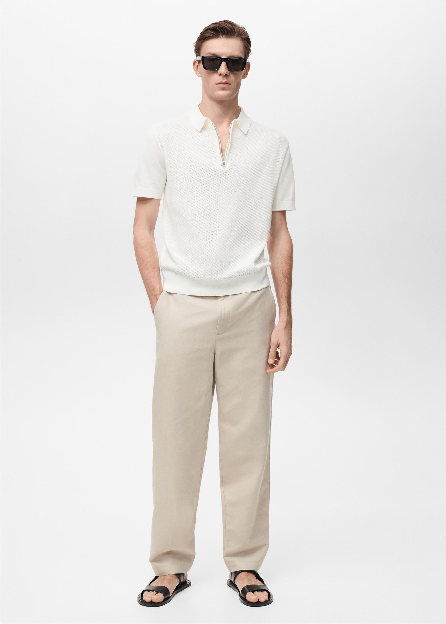 Openwork knitted polo shirt with zipper - Men | MANGO USA Product Image