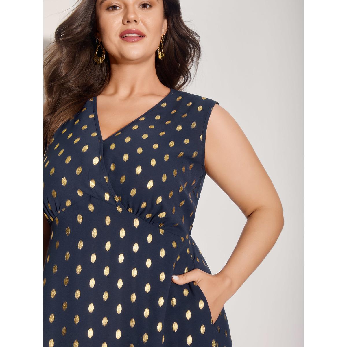Plus Size Gold Polka Dots Waist-Defining Midi Dress Indigo Women Party&Cocktail Overlapping Overlap Collar Sleeveless Curvy BloomChic 12/L Product Image