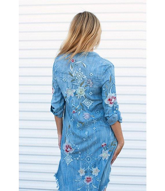 Karyn Seo Isa Floral Embroidered Spread Collar Roll-Tab Long Sleeve Button Front Midi Shirt Dress Product Image