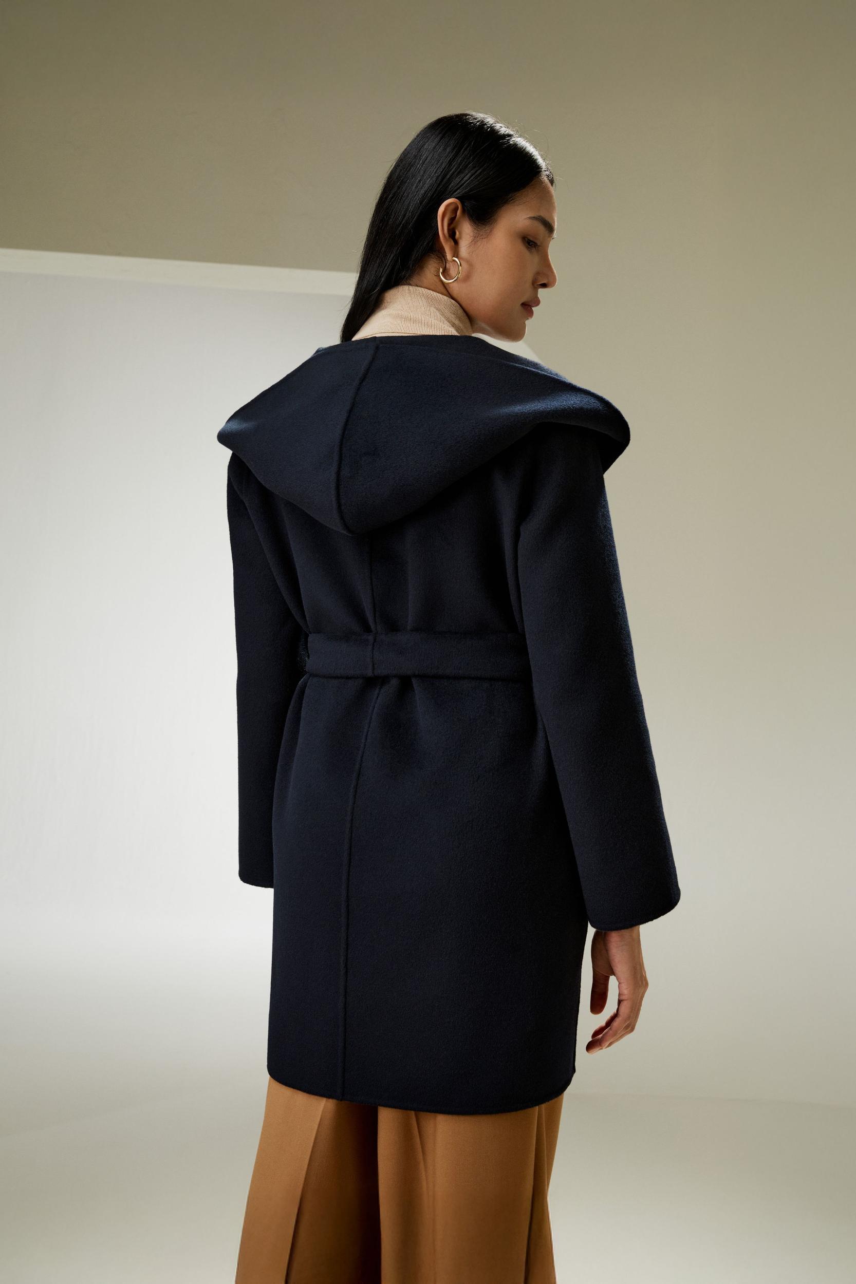 LILYSILK Womens Coats Navy Blue Cashmere Wool Comfortable Hooded Coat M Product Image