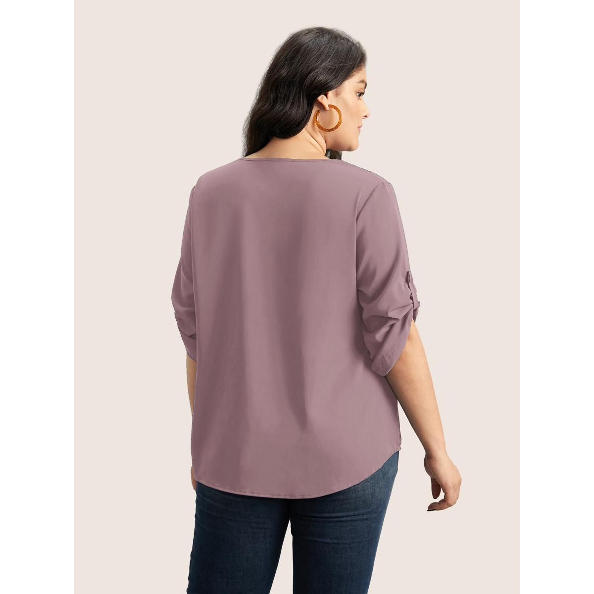 Plus Size Mauve V Neck Plain Pleated Tab Sleeve Blouse Women Office Elbow-length sleeve V-neck Office Blouses BloomChic 14-16/1X Product Image