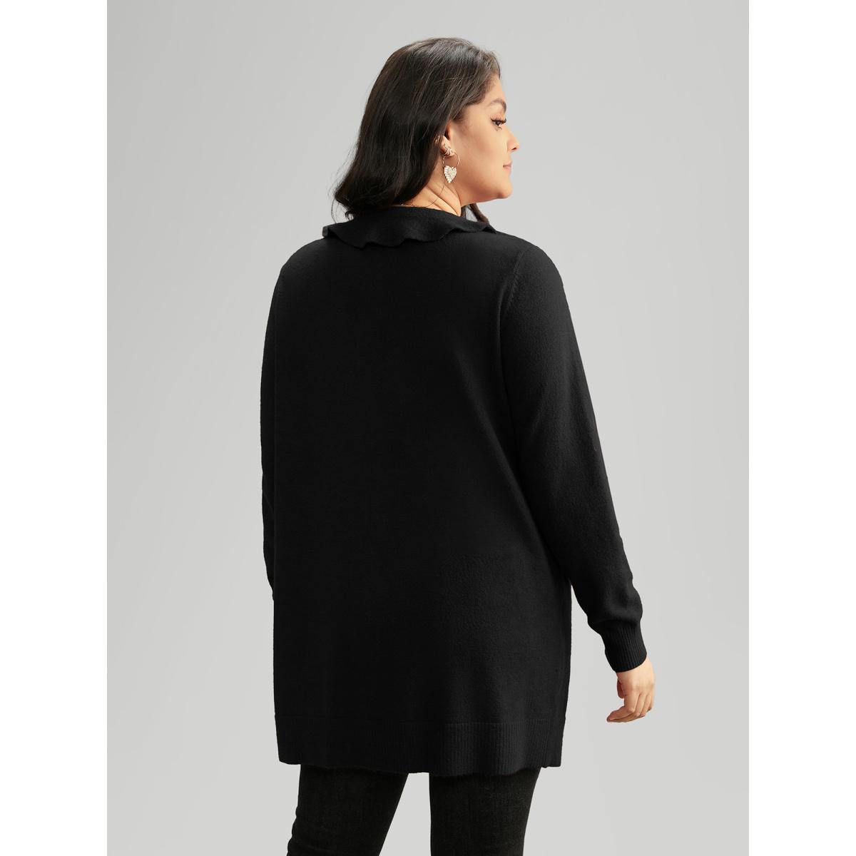 Plus Size Supersoft Essentials Solid Ruffle Trim Ties Cardigan Black Women Elegant Long Sleeve Everyday Cardigans BloomChic 14-16/1X Product Image