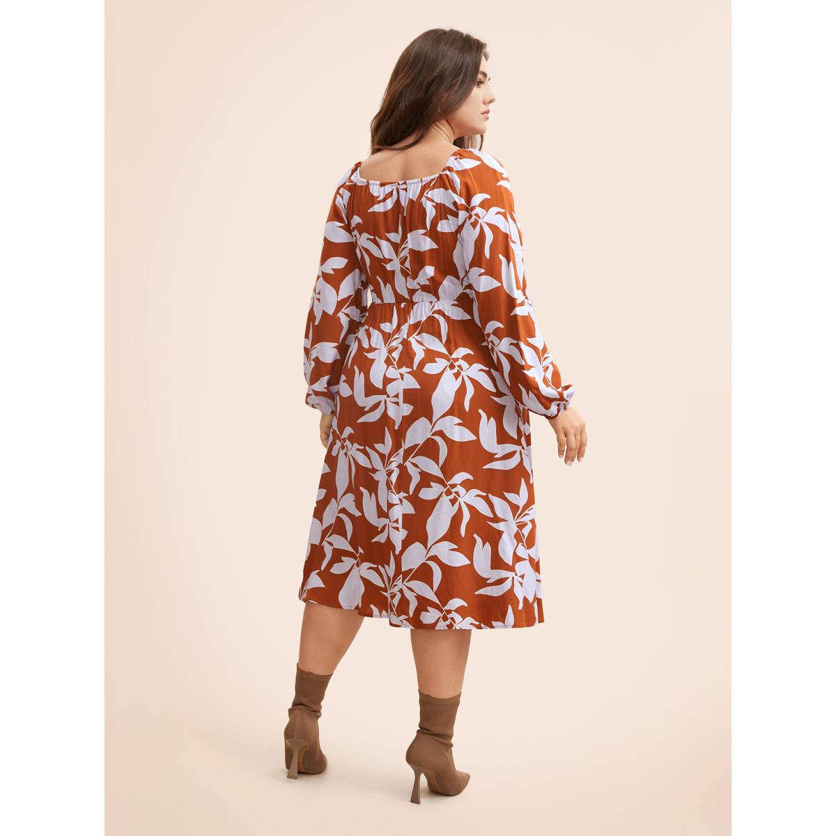 Plus Size Silhouette Floral Print Shirred Midi Dress Rust Women Elegant Shirred Square Neck Long Sleeve Curvy BloomChic 26/4X Product Image