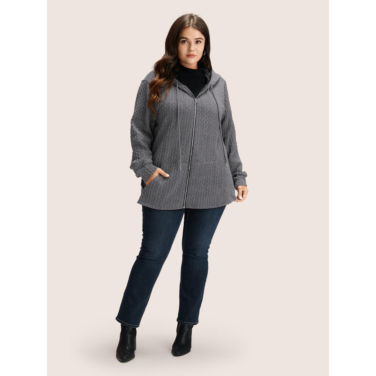 Plus Size Plain Textured Zipper Hooded Sweatshirt Women DarkGray Casual Non Hooded Everyday Sweatshirts BloomChic 22-24/3X Product Image
