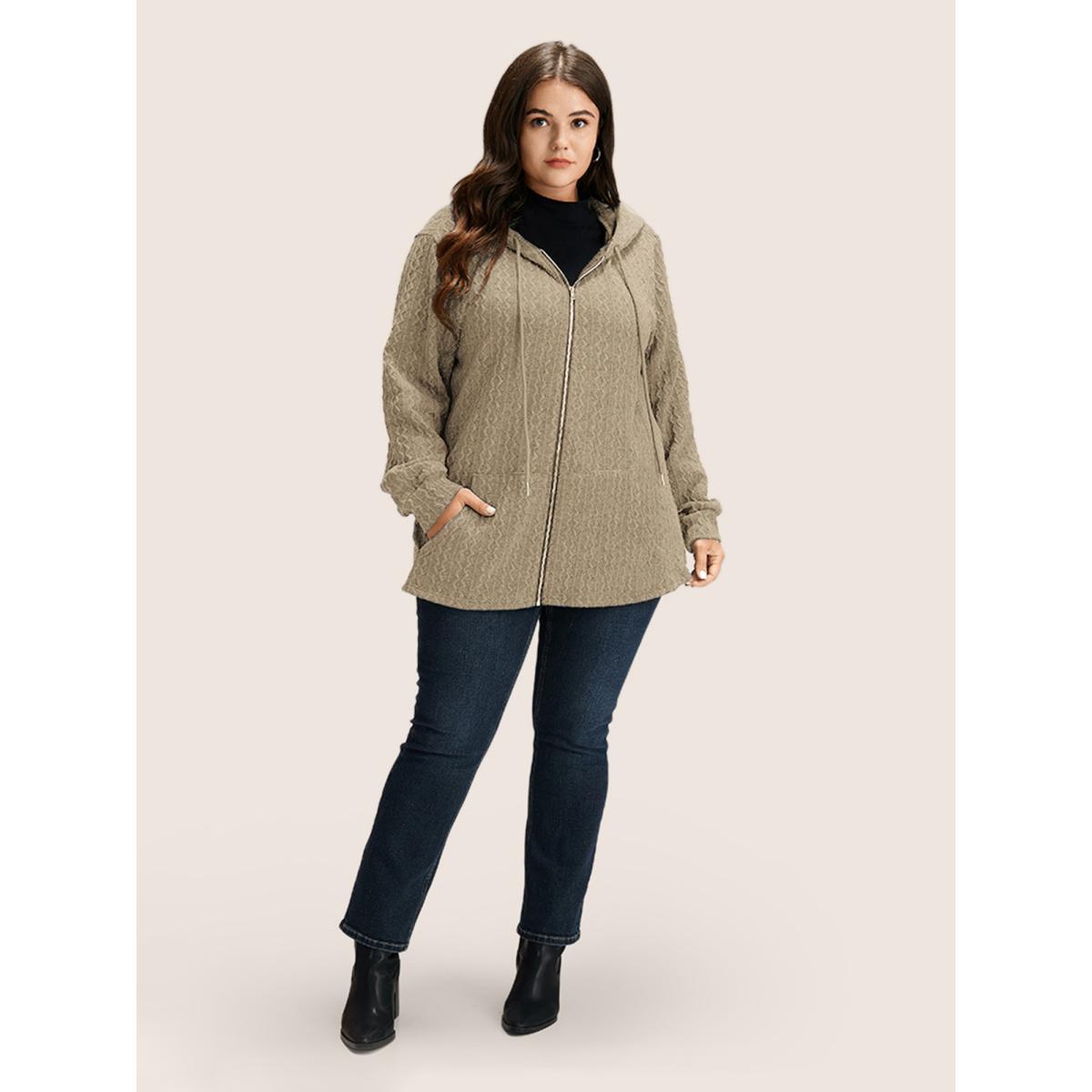 Plus Size Plain Textured Zipper Hooded Sweatshirt Women Tan Casual Non Hooded Everyday Sweatshirts BloomChic 18-20/2X Product Image