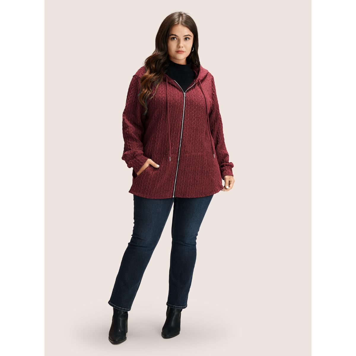 Plus Size Plain Textured Zipper Hooded Sweatshirt Women Burgundy Casual Non Hooded Everyday Sweatshirts BloomChic 22-24/3X Product Image
