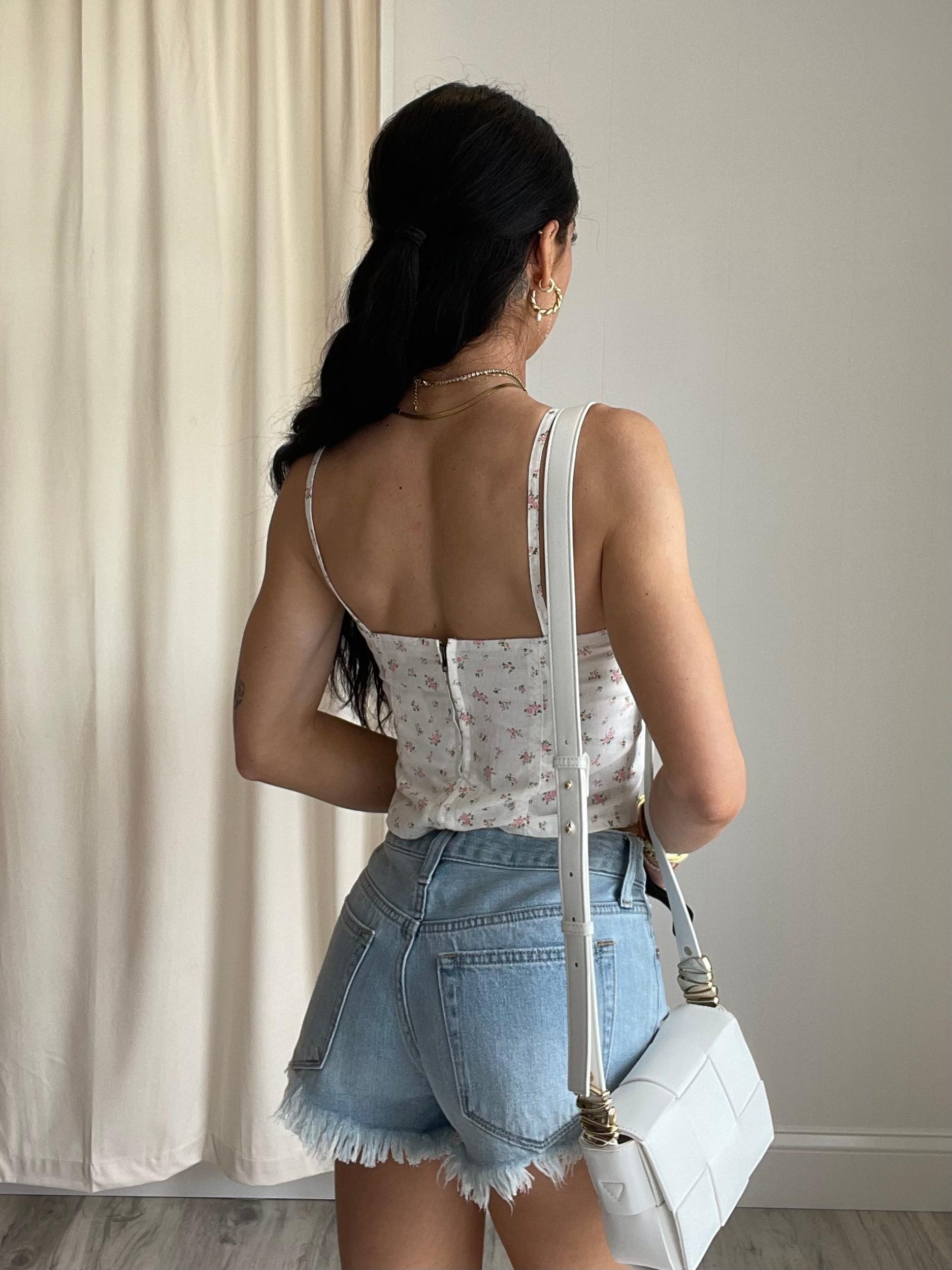 FINAL SALE Lena Ditsy Floral Corset Tank Top | White & Pink Product Image