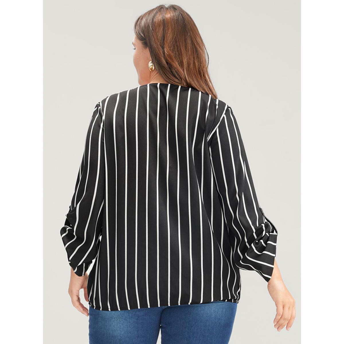 Plus Size Black Striped Wrap Cuffed Sleeve Blouse Women Office Long Sleeve V-neck Work Blouses BloomChic 28/5X Product Image