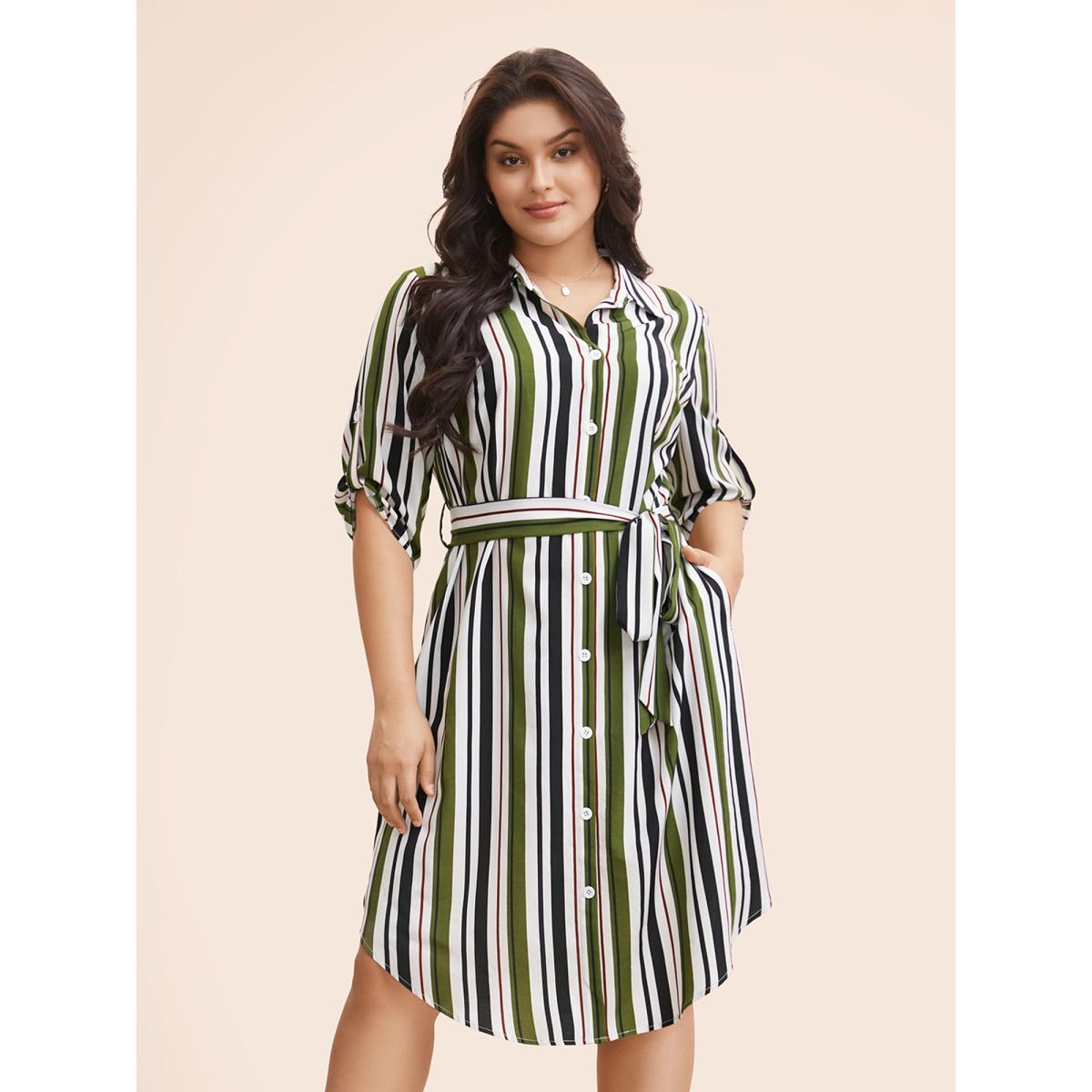 Plus Size Striped Tab Sleeve Arc Hem Dress Multicolor Women Workwear Essentials Belted Shirt collar Elbow-length sleeve Curvy BloomChic 26/4X Product Image