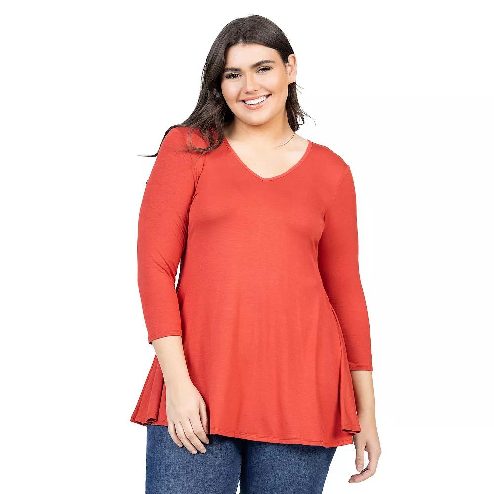 Plus Size 24Seven Comfort Apparel Quarter Sleeve V-Neck Tunic Top, Womens Green Product Image