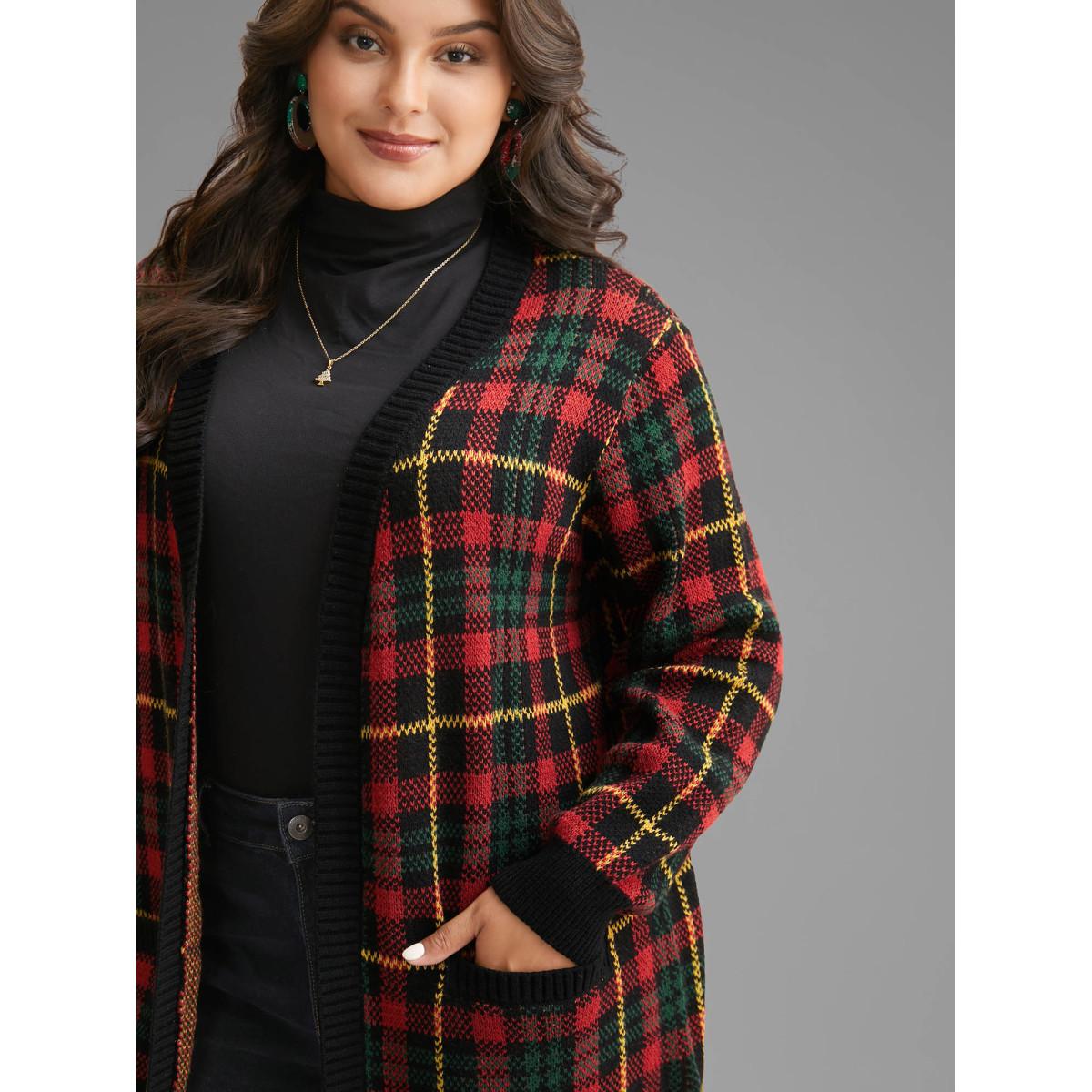 Plus Size Holiday Plaid V-neck Open Cardigan Black Women Casual Loose Long Sleeve Everyday Cardigans BloomChic 18-20/2X Product Image