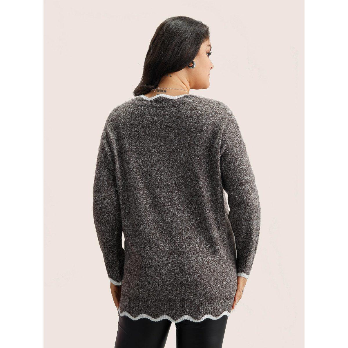 Plus Size Contrast Split Side Scalloped Trim Pullover DarkBrown Women Casual Long Sleeve V-neck Everyday Pullovers BloomChic 18-20/2X Product Image