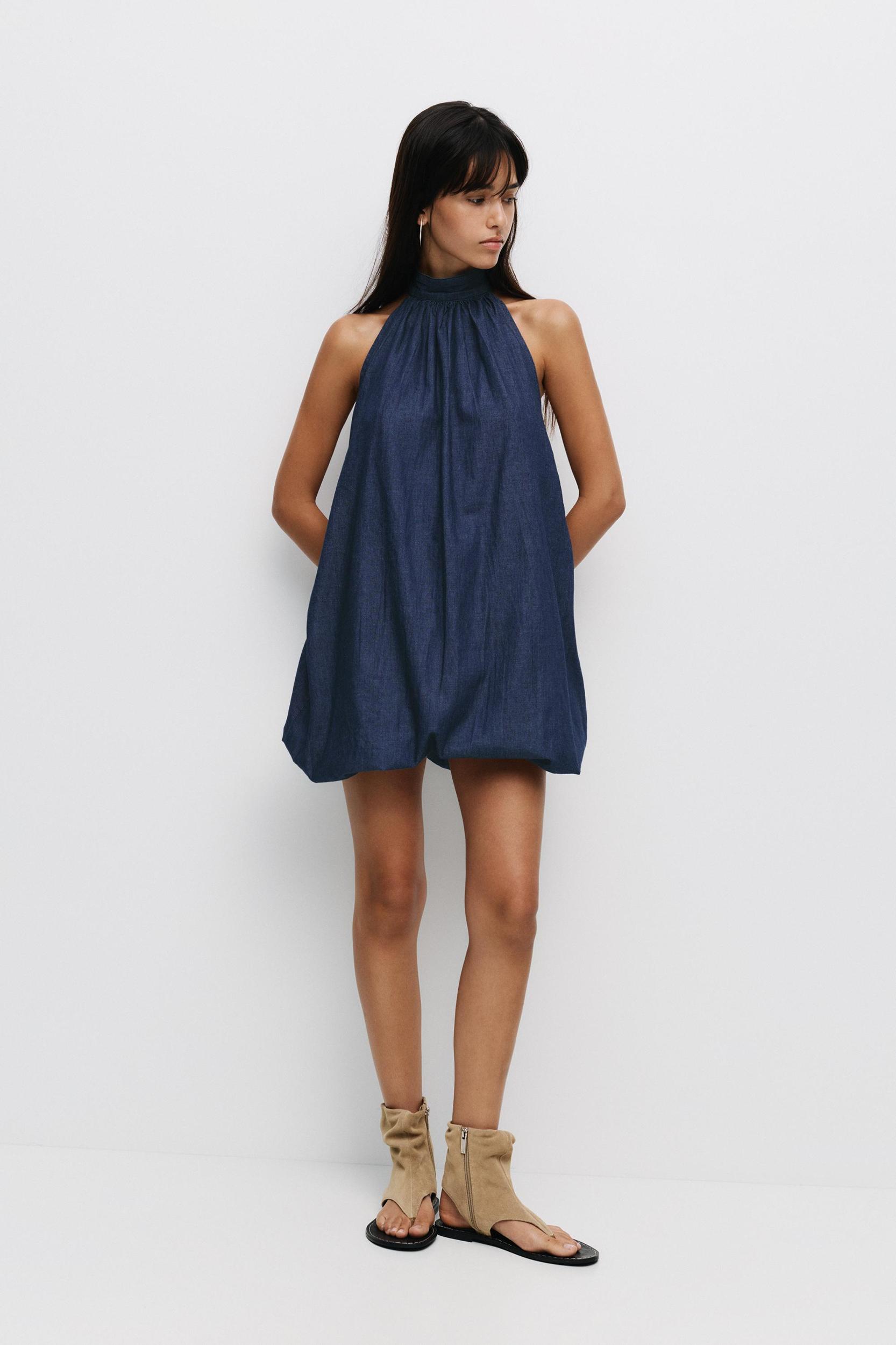 Short balloon denim dress Product Image