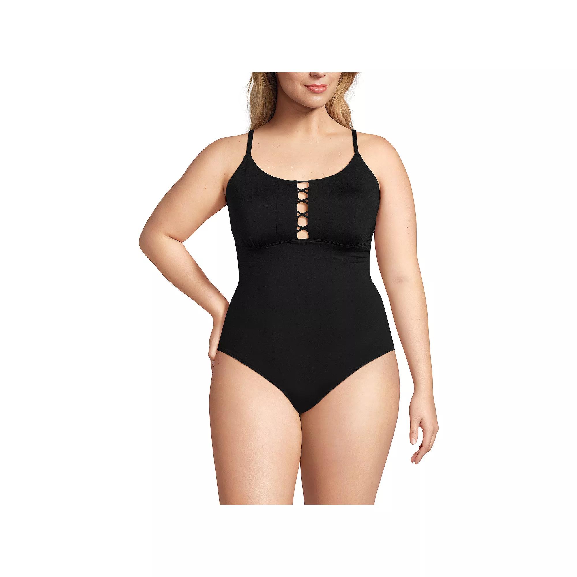 Plus Size Lands' End Lace-Up Front One-Piece Swimsuit, Women's, Size: 20 W, White Stripe Product Image