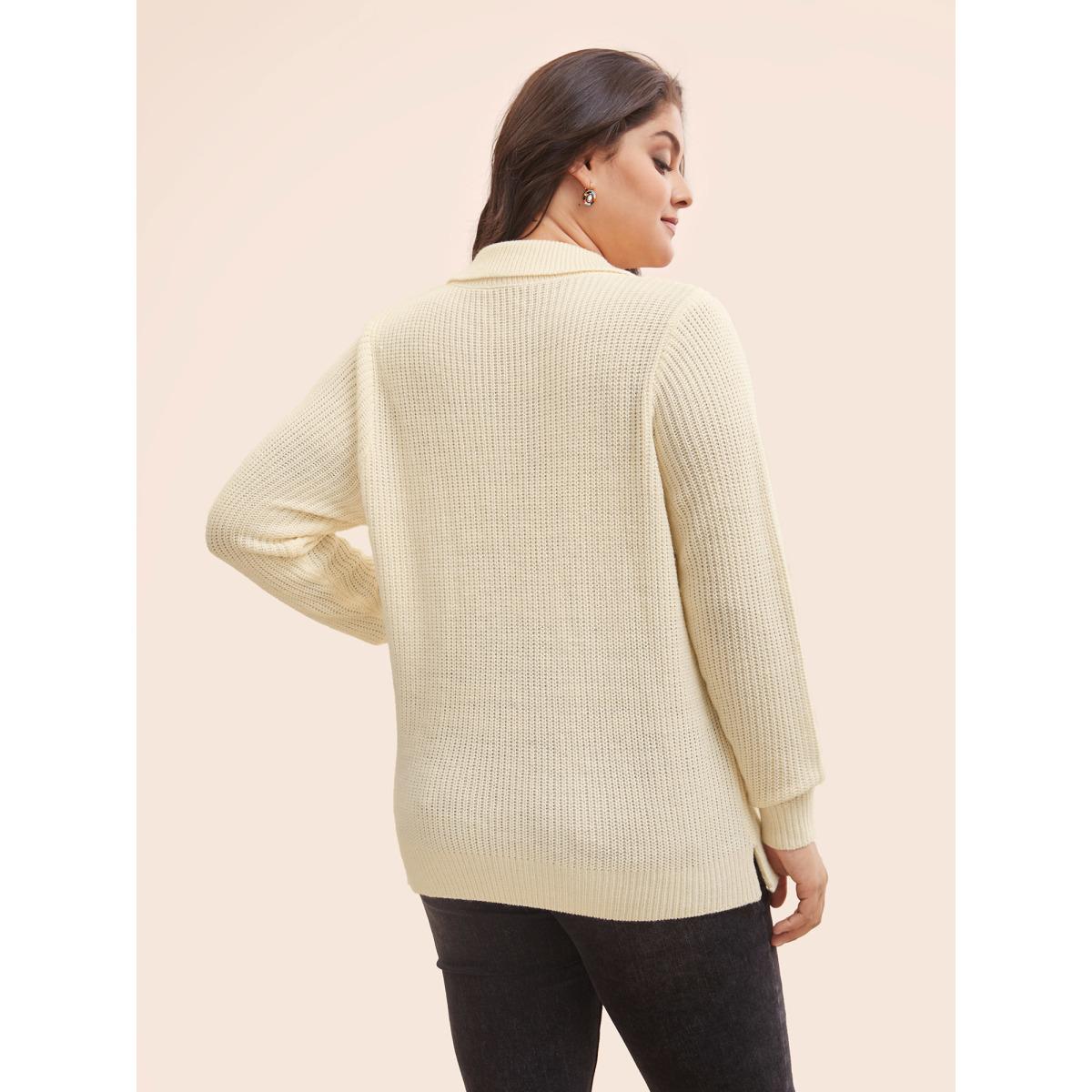 Plus Size Hand Crocheted Polo Collared Pullover Beige Women Leisure Long Sleeve Polo Casual Pullovers BloomChic 28/5X Product Image