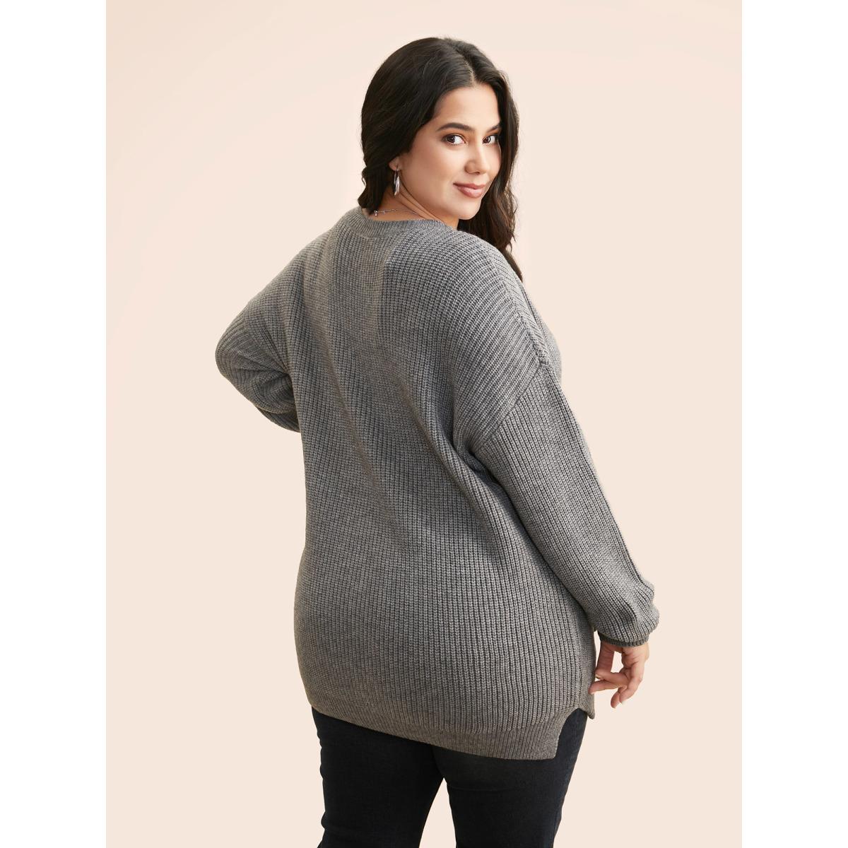 Plus Size Supersoft Ribbed Drop Shoulder Wool Cardigan Mediumgray Women Casual Loose Long Sleeve Everyday Cardigans BloomChic 26/4X Product Image