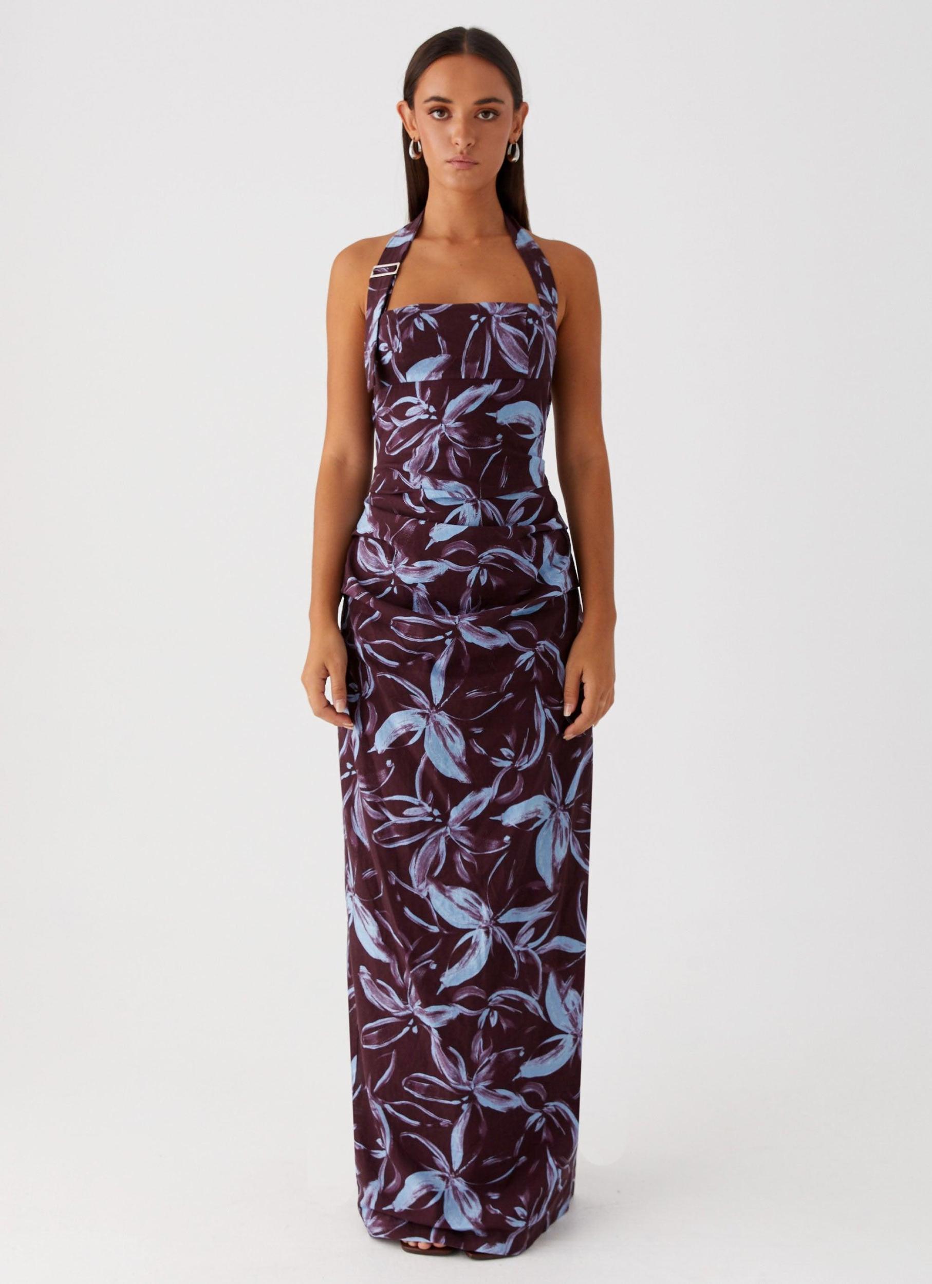 Fauna Halter Maxi Dress - Brown Purple Floral Product Image