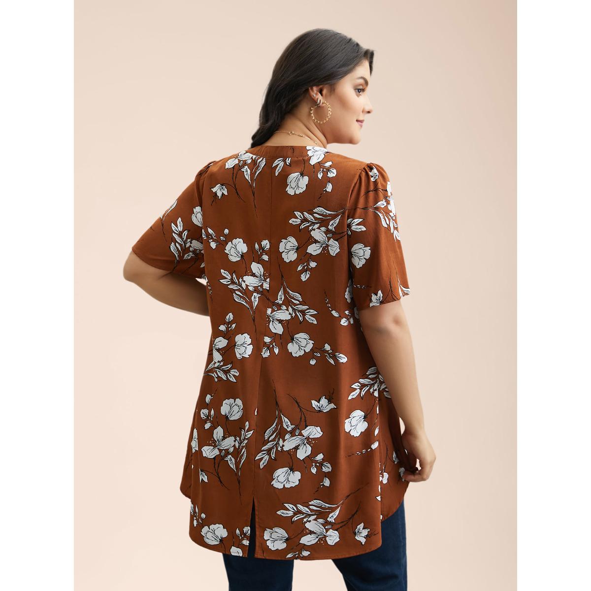 Plus Size Browncoffeecolor Floral Print Notched Collar Hi-Low Hem Blouse Women Elegant Half Sleeve Flat collar with V-notch Everyday Blouses BloomChic 14-16/1X Product Image