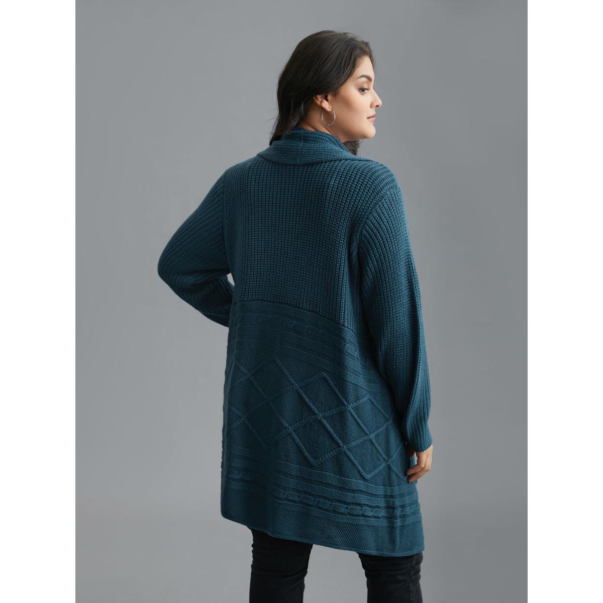 Plus Size Cable Knit Asymmetrical Hem Open-Front Cardigan Cyan Women Casual Loose Long Sleeve Everyday Cardigans BloomChic 28/5X Product Image