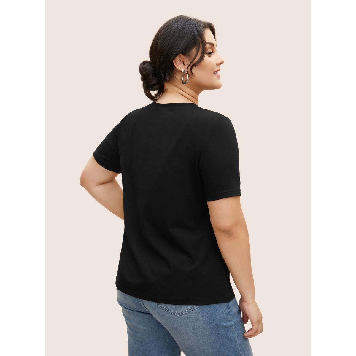Plus Size Cotton Solid Basic Crew Neck Stretched T-shirt Black Women Basics Non Round Neck Everyday T-shirts BloomChic 12/L Product Image