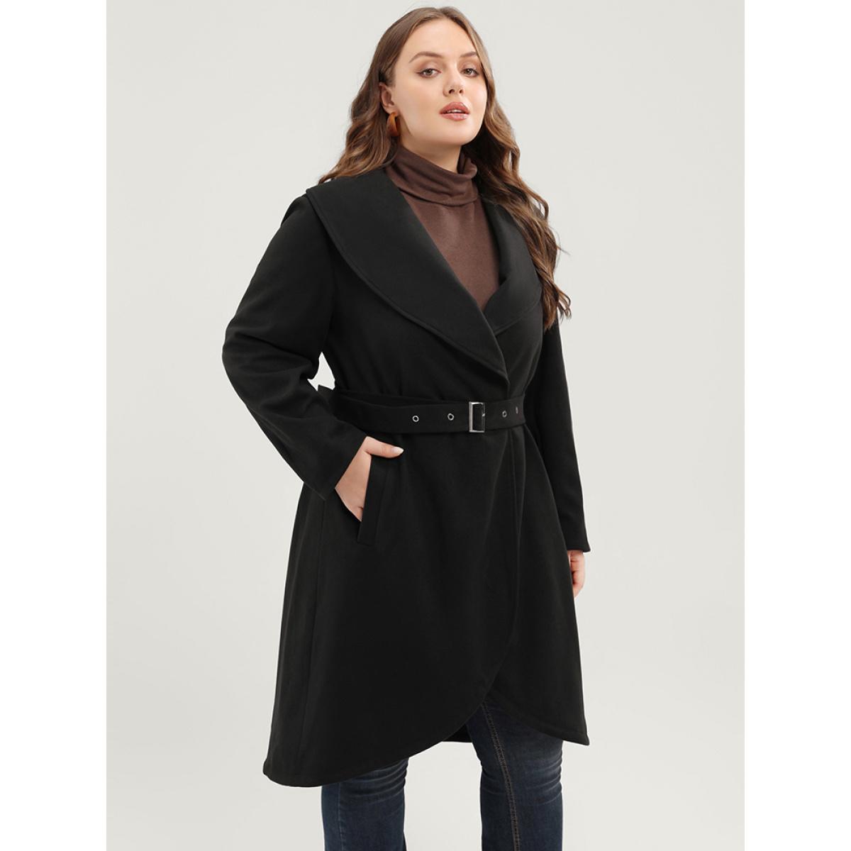 Plus Size Solid Lapel Collar Pocket Belted Open Front Coat Women Black Elegant Belted Ladies Dailywear Winter Coats BloomChic 18-20/2X Product Image