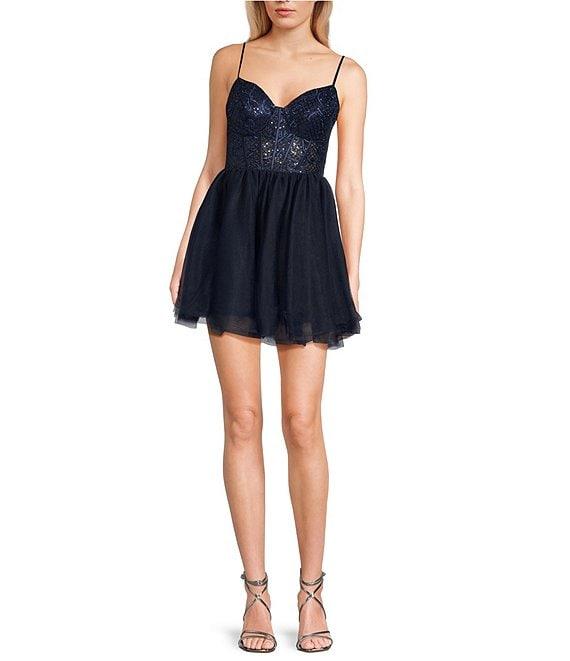 B. Darlin Spaghetti Strap Sweetheart Bustier Corset Bodice Sequin Skater Dress Product Image