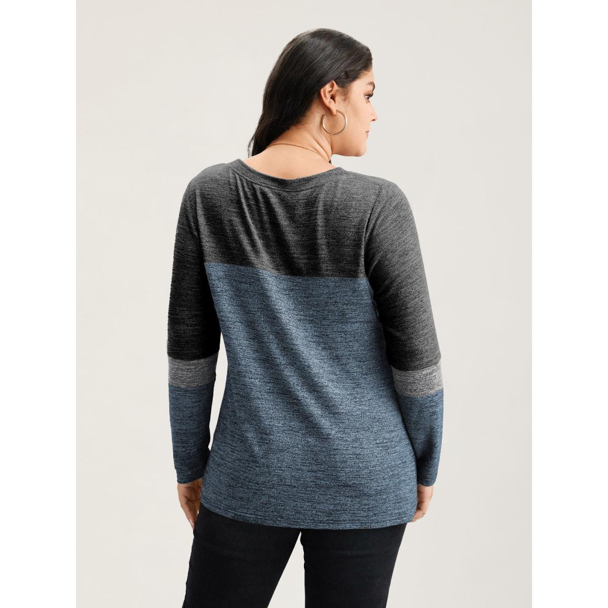 Plus Size Heather Colorblock Contrast Crew Neck T-shirt DarkBlue Women Leisure Texture Plain Round Neck Casual T-shirts BloomChic 22-24/3X Product Image