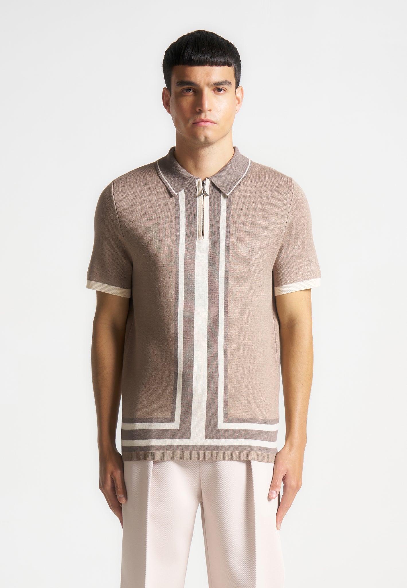 Contrast Border Knit Zip Polo Shirt - Taupe Male Product Image