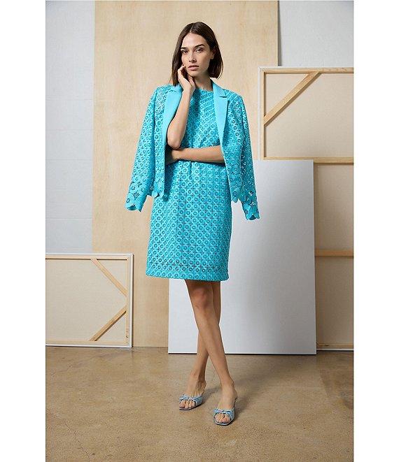 Ming Wang Eyelet Lace Cutout Notch Lapel V-Neck Long Sleeve Jacket Product Image