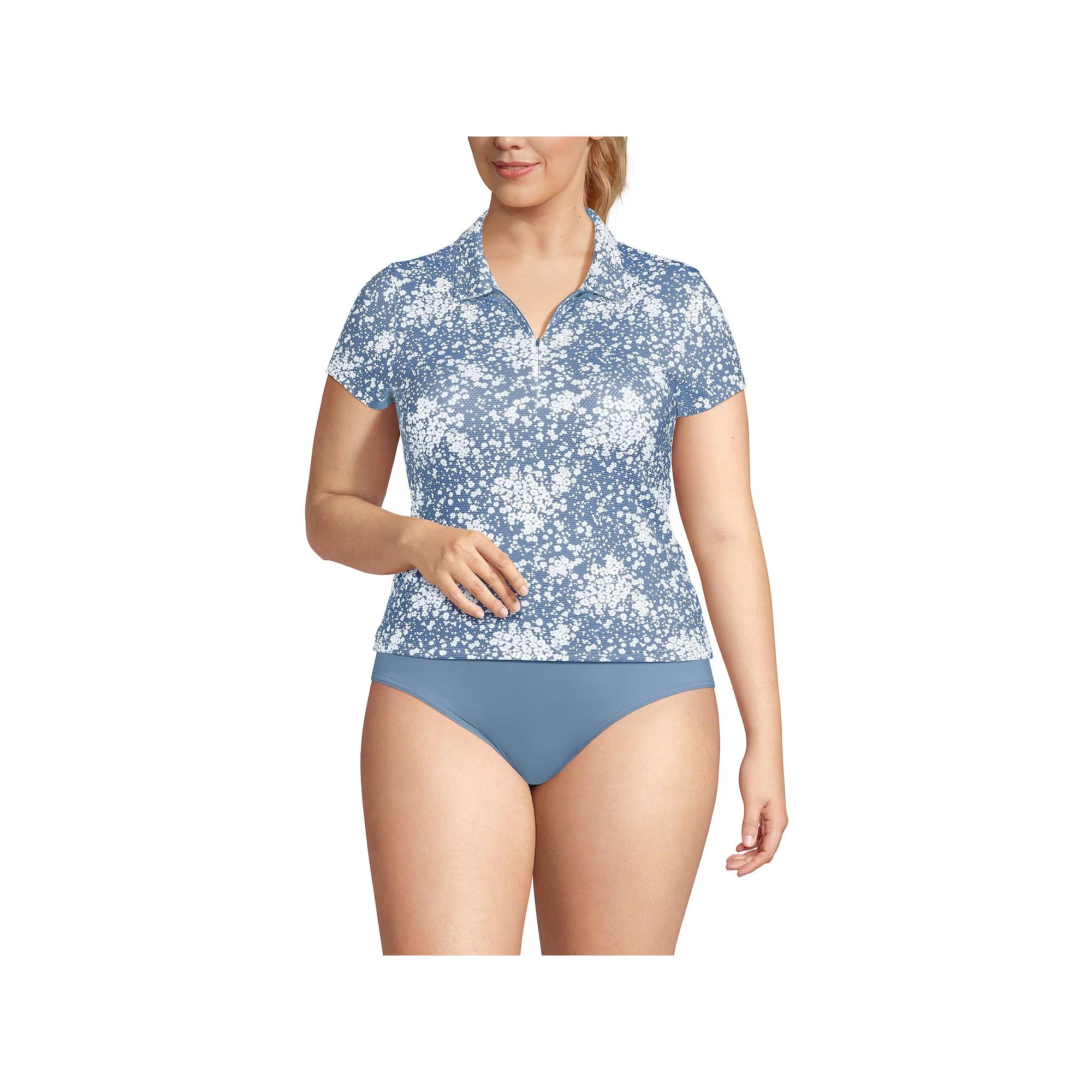 Plus Size Lands' End Short Sleeve Pique Johnny Collar Swim Top, Women's, Size: 2XL, Dusk Meadow Floral Product Image
