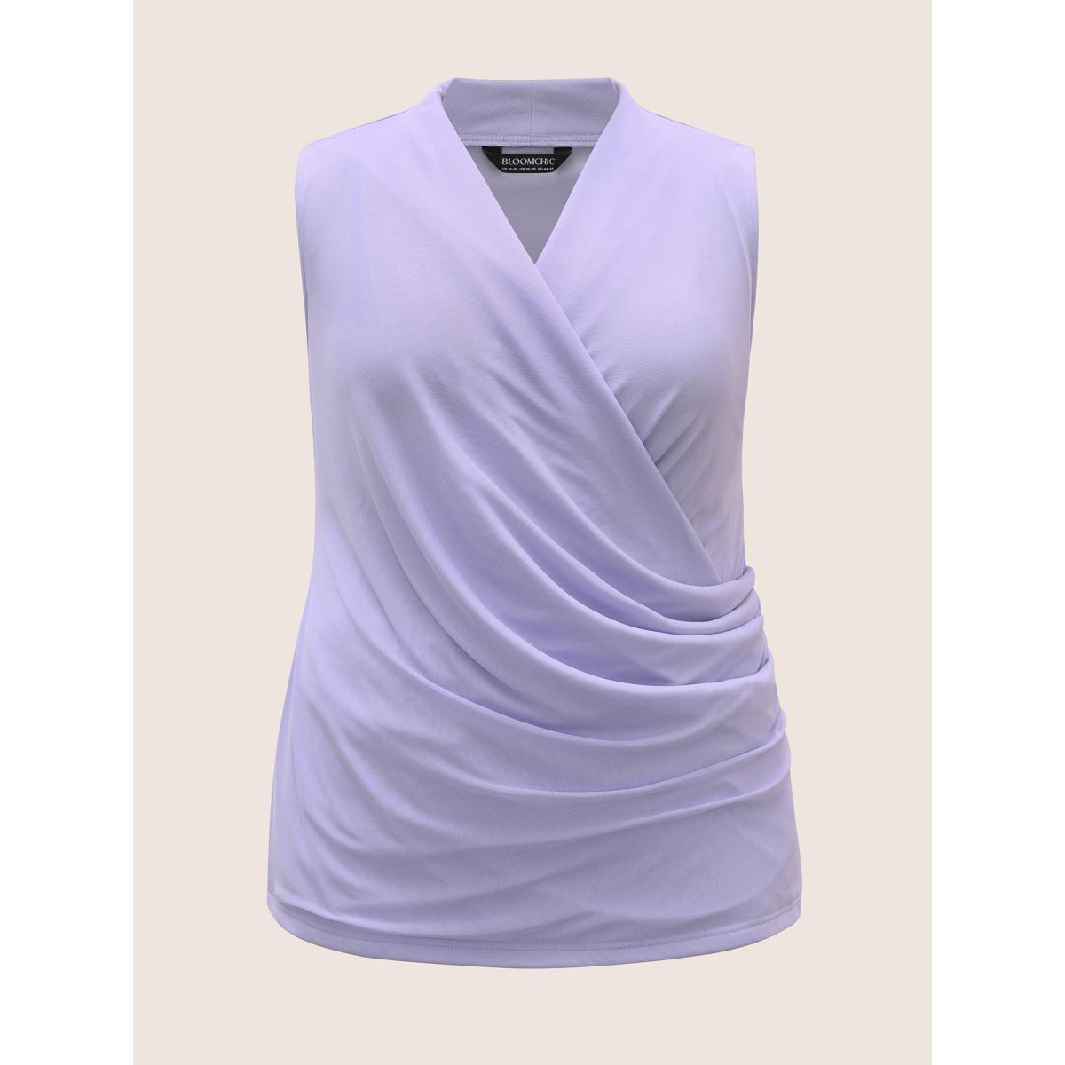 Plus Size Overlap Collar Solid Pleated Tank Top Women Lavender Elegant Pleated Overlap Collar Everyday Tank Tops Camis BloomChic 30/6X Product Image