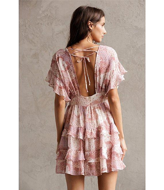 Storia Floral Patch Print Deep V-Neck Flutter Sleeve Open Back Tiered Ruffle Dress Product Image