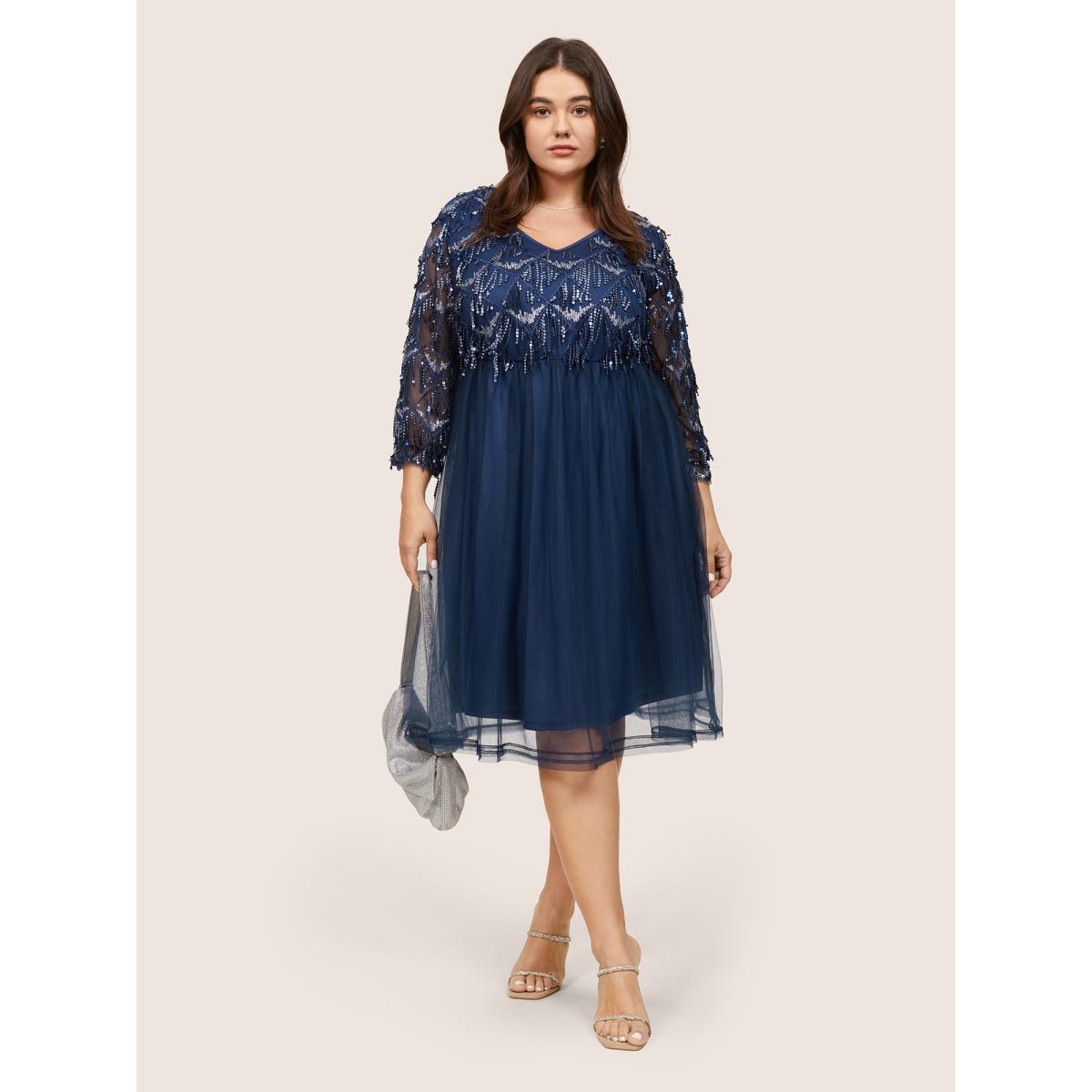 Plus Size Sequin Tassels Plisse Patchwork Mesh Knee Dress DarkBlue Women Cocktail Sequin V-neck Elbow-length sleeve Curvy Midi Dress BloomChic 12/L Product Image