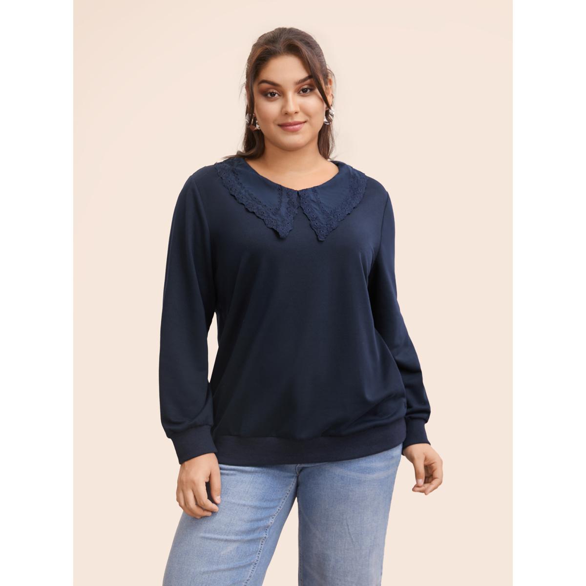 Plus Size Solid Peter Pan Collar Patchwork Sweatshirt Women Indigo Leisure Patchwork Peter Pan collar Casual Sweatshirts BloomChic 30/6X Product Image
