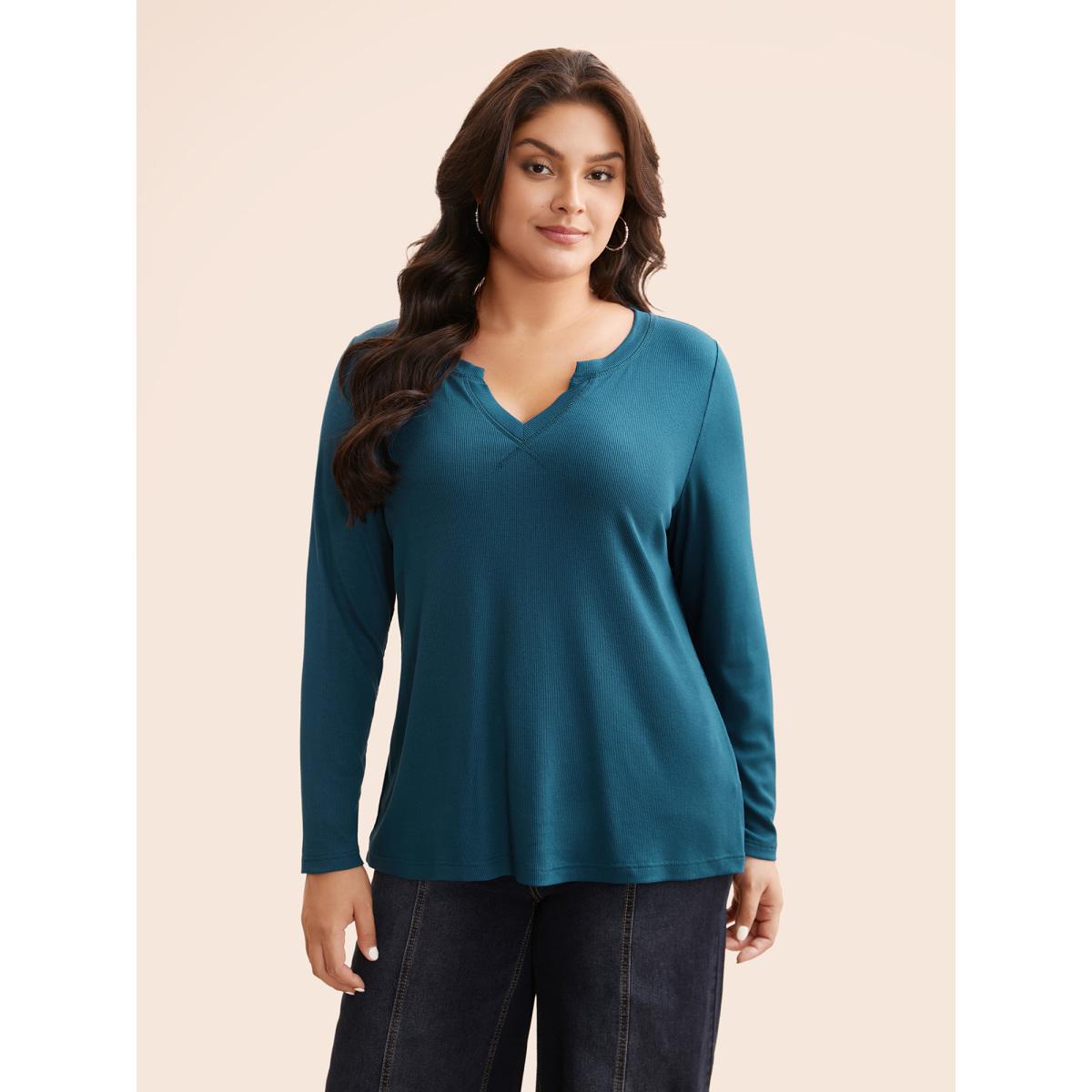 Plus Size Solid Notched Collar Rib Knit T-shirt Aegean Women Casual Texture Notched collar Everyday T-shirts BloomChic 14-16/1X Product Image