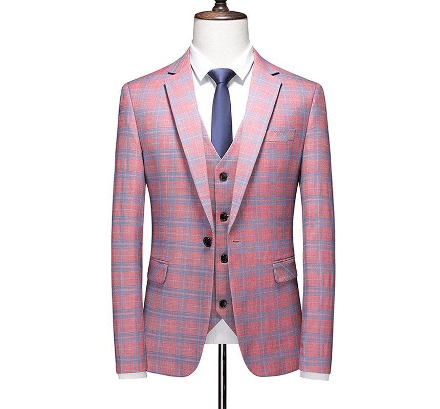 Set: Plaid One-Buttoned Blazer + V-Neck Button-Up Vest + Mid Rise Tapered Dress Pants Product Image