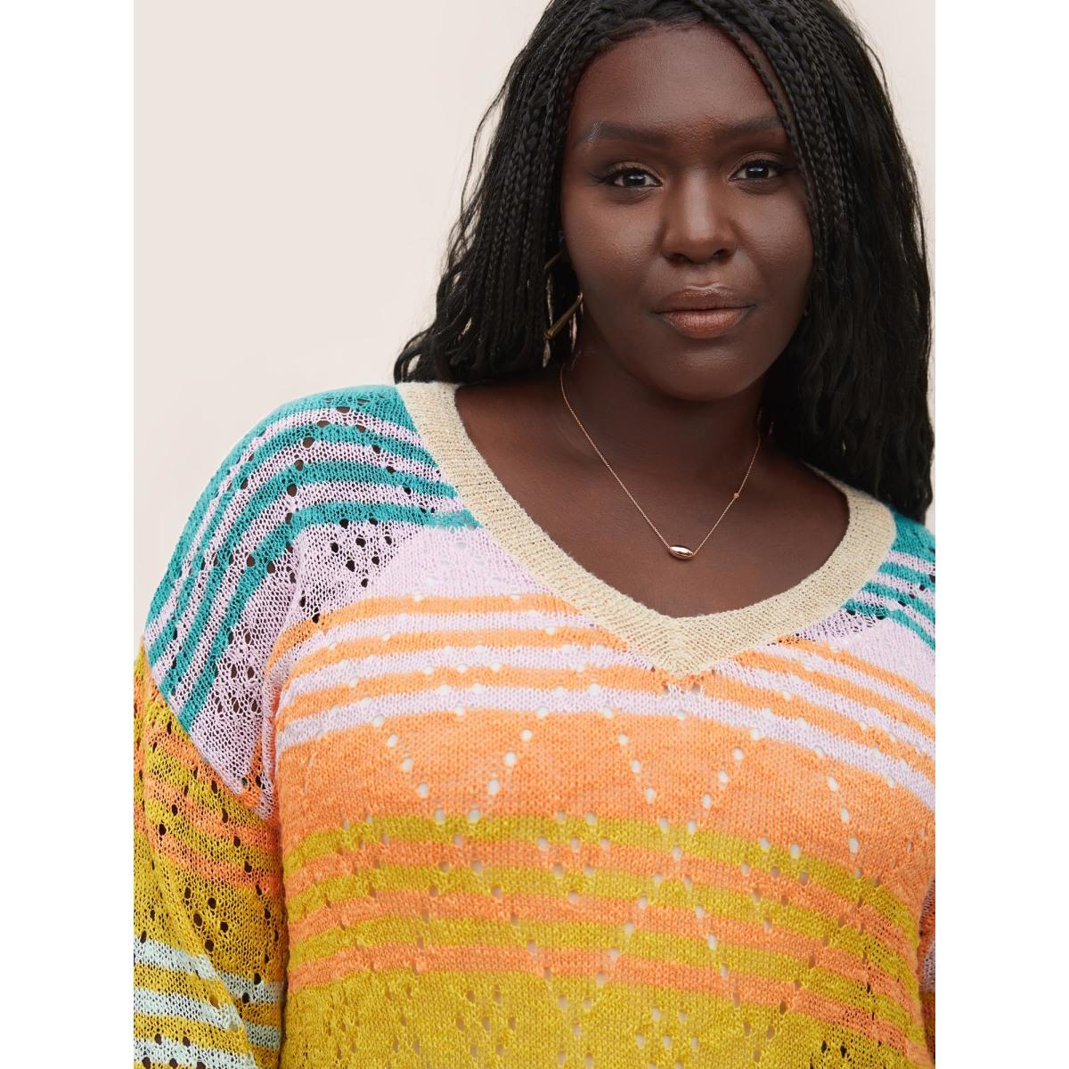 Plus Size Color Striped Hollow Out Pullover Multicolor Women Playful Long Sleeve V-neck Casual Pullovers BloomChic 10/M Product Image