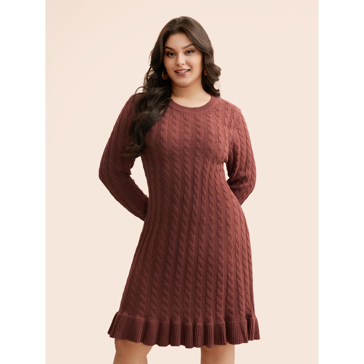 Plus Size Round Neck Cable Knit Ruffle Trim Sweater Dress DustyPink Women Resort Bodycon Long Sleeve Vacation Sweater Dresses BloomChic 10/M Product Image