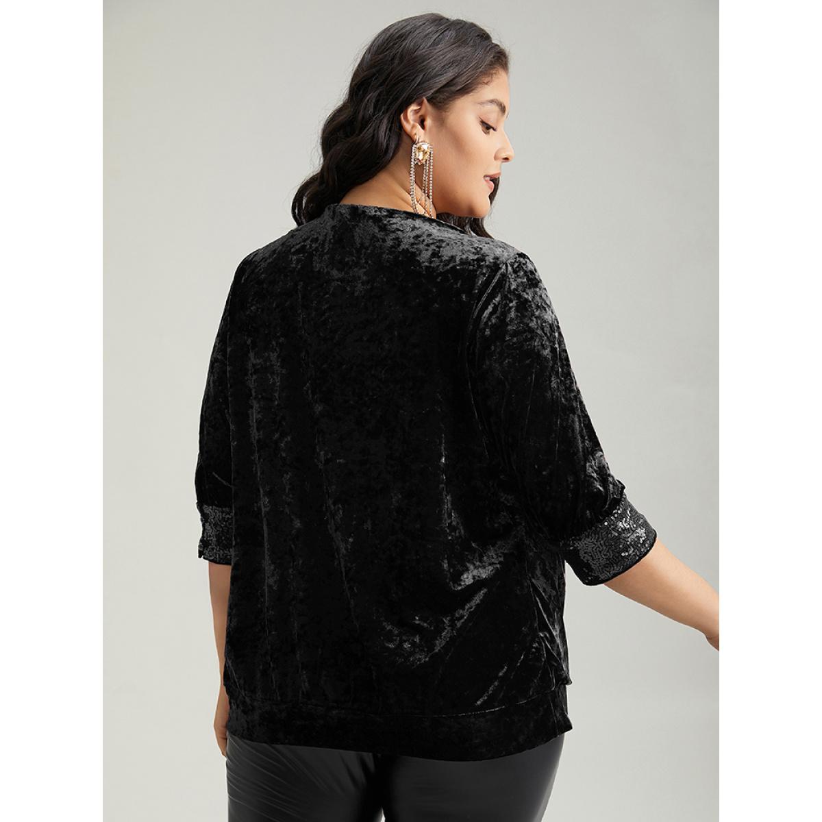 Plus Size Black Cowl Neck 2-In-1 Sequin Patchwork Blouse Women Party&Cocktail Elbow-length sleeve Cowl Neck Party Blouses BloomChic 22-24/3X Product Image