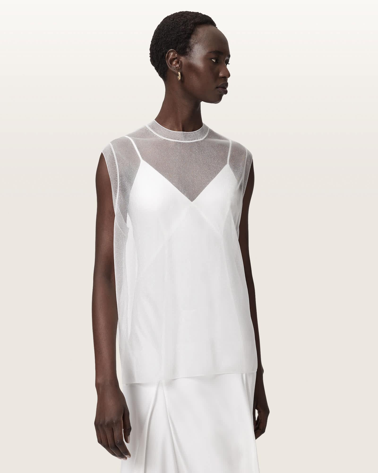 Ava Sleeveless Satin Midi Dress Chalk White | ALLSAINTS US Product Image